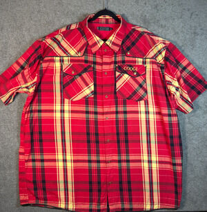 Coogi Vintage Y2K 6XL Red Plaid Short Sleeve Button Up Shirt Gold Embroidered